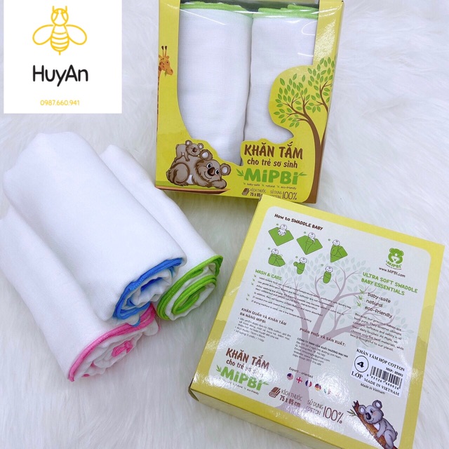 Khăn tắm hộp 2 chiếc Mipbi 100% cotong SIÊU MỀM