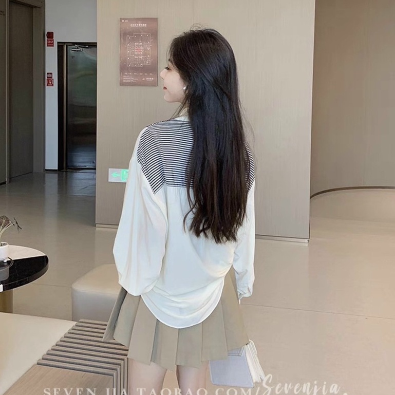 Áo sơ mi nữ trắng dài tay cổ phối khăn kẻ thắt nơ, Áo sơ mi nữ kiểu cổ quàng khăn kẻ buộc nơ vai Hàn Quốc