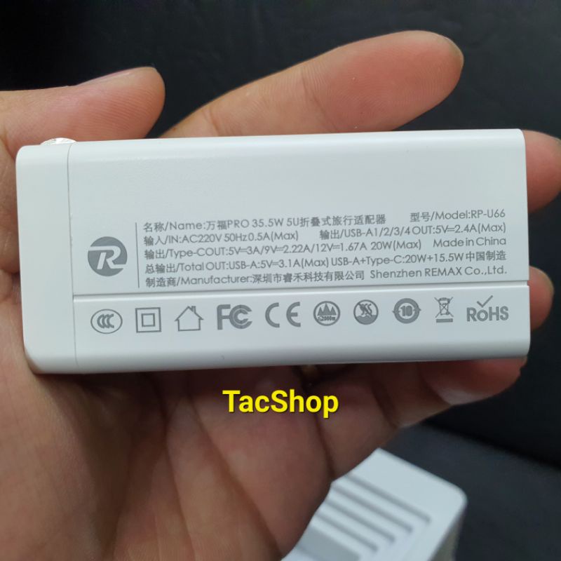 Cốc sạc nhanh 5 cổng sạc 35.5W Remax RP-U66 chính hãng