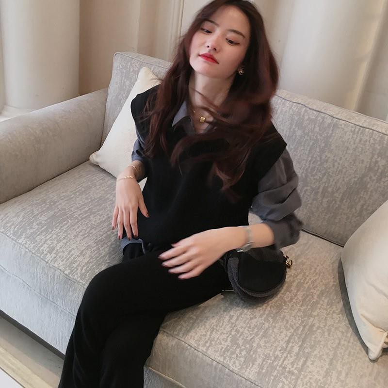 2020 mùa xuân và thu mới lưới màu đỏ rời cổ chữ V không tay áo len dệt kim vest hai mảnh phù hợp với phụ nữ