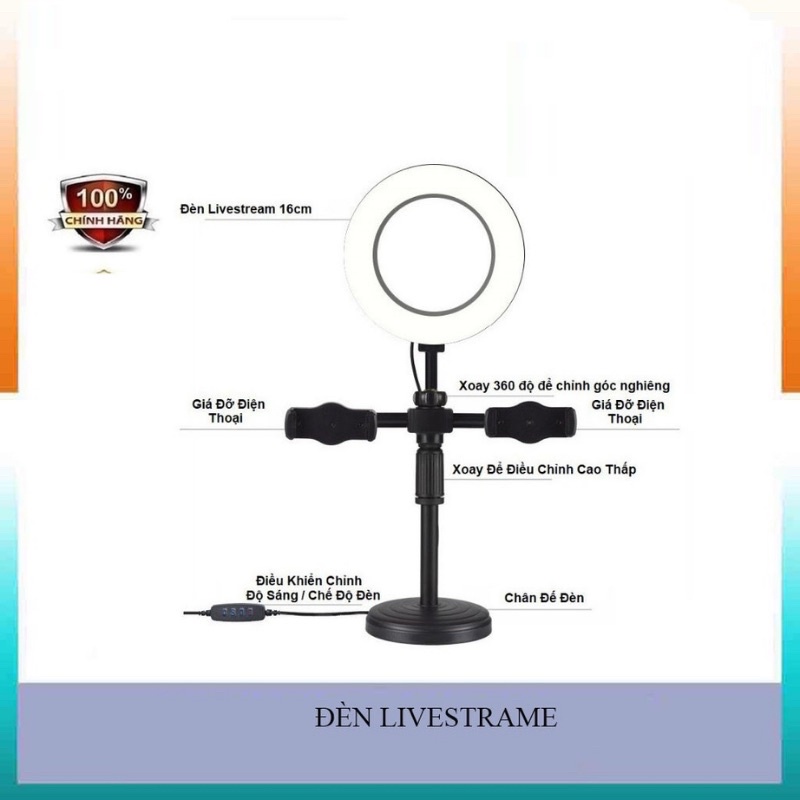 Đèn livestream để bàn - Đèn livestream 16cm kẹp 2 điện thoại có đèn hỗ trợ, quay tiktok, bán hàng, make up