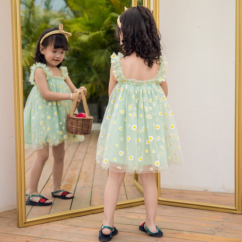 Đầm BCBL công chúa hai dây vải tuyn họa tiết hoa cúc nhỏ dễ thương dành cho bé gái 0-5 tuổi