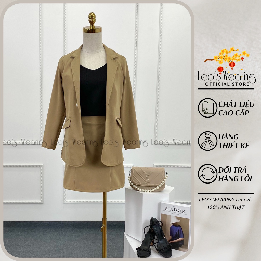Set vest váy LEOSWEARING chân váy chữ A có túi mix áo blazer tay dài hàn quốc linen bột sang chảnh E94 H48