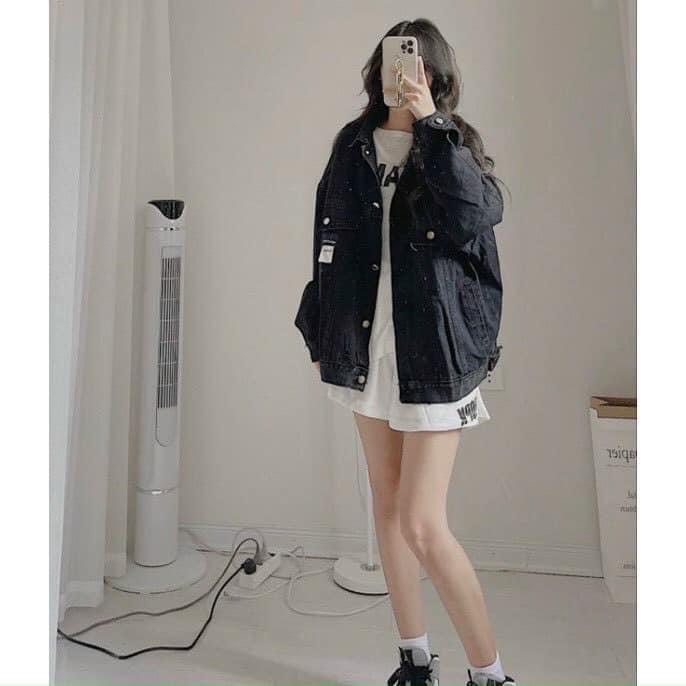 Áo khoác jean nữ trơn màu xanh, đen- áo khoác ngoài from rộng UNISEX chất bò dày dặn phong cách ulzzang hàn quốc