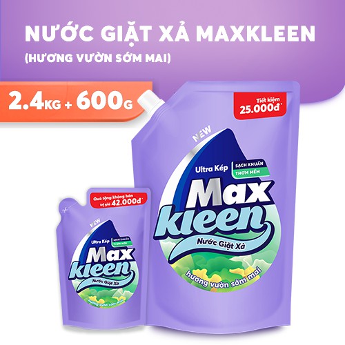 Combo Túi Nước Giặt Xả 2.4Kg + Túi Nước Giặt Xả 600g MaxKleen:Vườn Sớm Mai