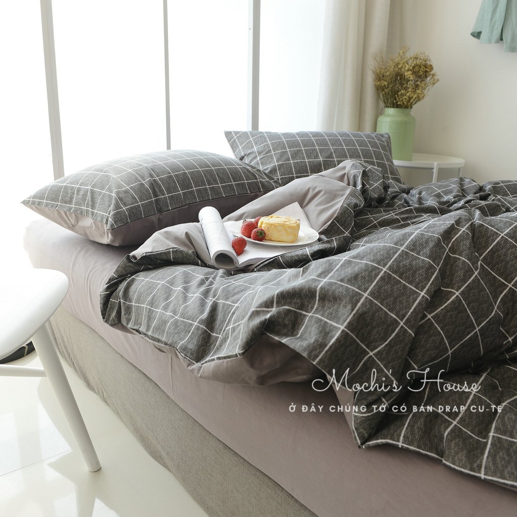 BỘ CHĂN GA GỐI COTON POLY CARO XÁM CỰC SANG, DRAP GIƯỜNG ĐẸP