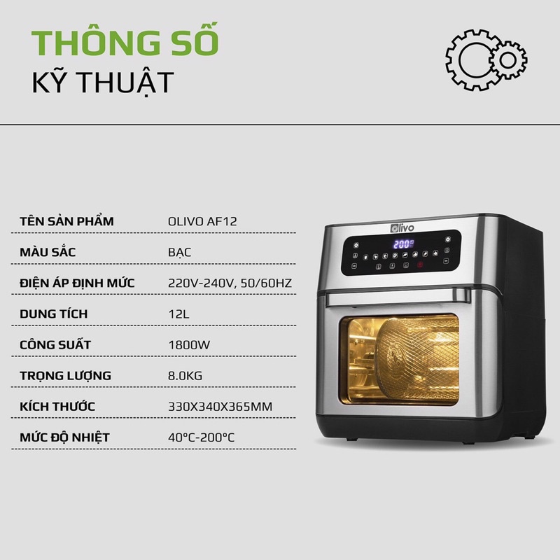 Nồi Chiên Không Dầu OLIVO AF12  Dung Tích 12L - Công Suất 1800W - Thương Hiệu Mỹ