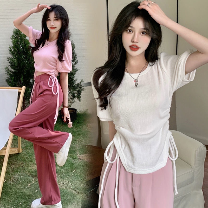 Set đồ COZOKC gồm áo thun ngắn tay và quần dài ống rộng lưng cao thời trang dành cho nữ