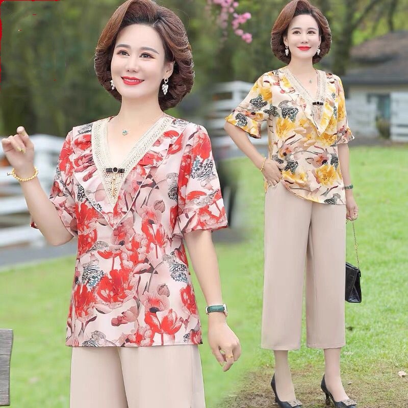 Áo Kiểu Chiffon Tay Ngắn In Hoa Thời Trang Mùa Hè Cho Phụ Nữ Trung Niên 40-50 Tuổi