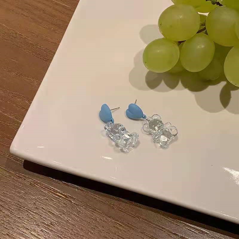 Bông Tai Bạc Hình Gấu Trong Suốt Màu Xanh Dương Dễ Thương Phong Cách Hàn Quốc