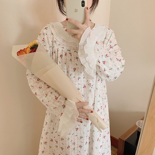 [Order] (HÌNH THẬT) Váy ngủ mùa thu tiểu thư hoa nhí phong cách Nhật Bản - Tay dài phối bèo mềm mại thoải mái