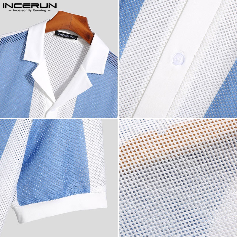 Áo sơ mi INCERUN kẻ sọc tay ngắn dệt kim thời trang hè cho nam