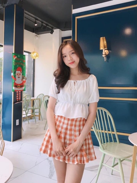 Sunshine Set - Set áo trễ vai + váy caro xếp li🧡