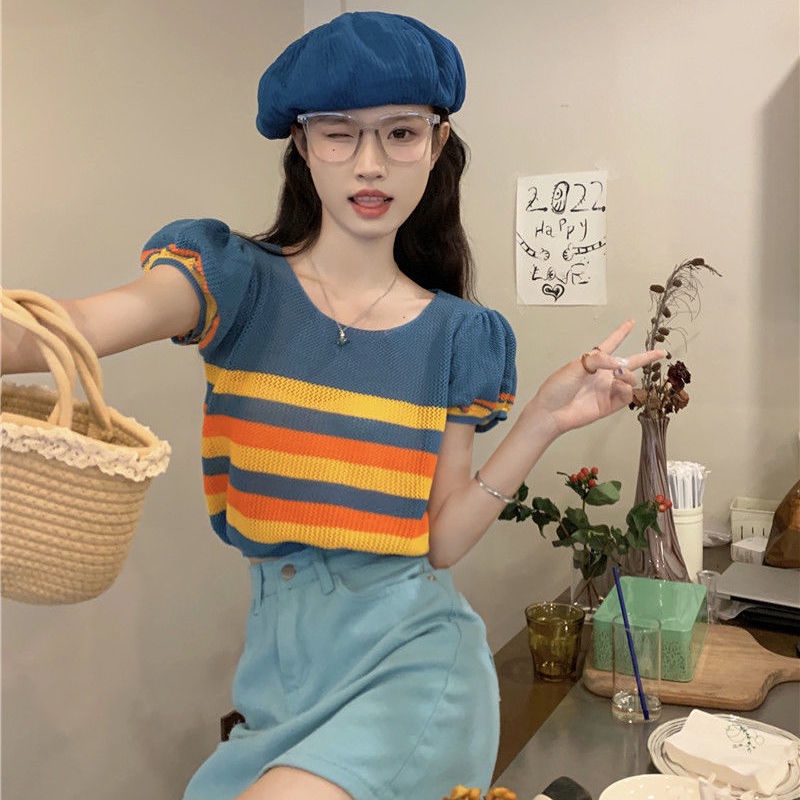 Áo Thun Dệt Kim Ngắn Tay Họa Tiết Kẻ Sọc Màu Sắc Tương Phản Cho Nữ  tao bao