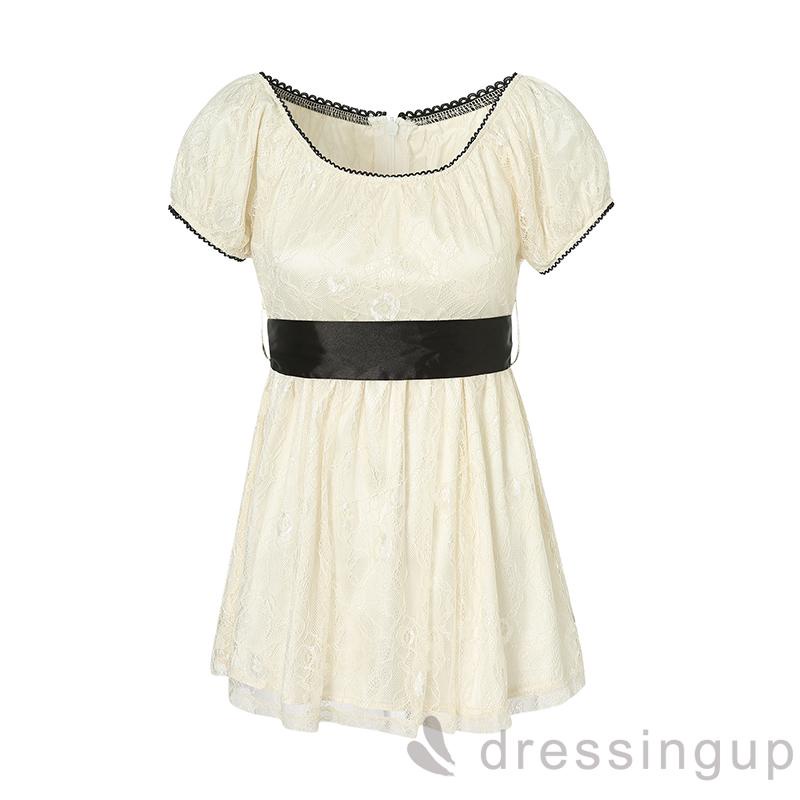 Đầm chữ A tay ngắn phối ren phong cách vintage thời trang cho nữ