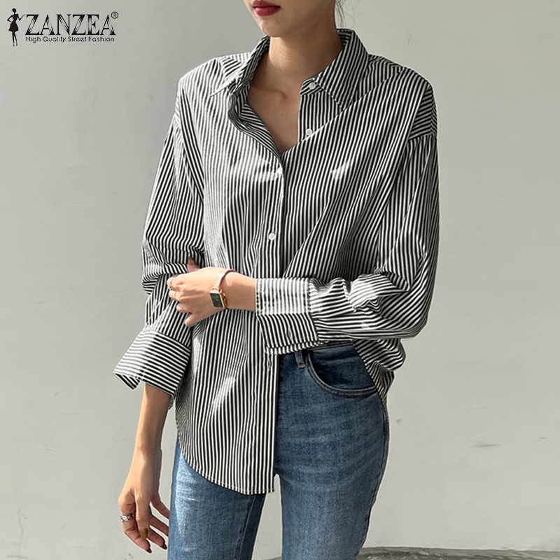 Áo sơ mi Zanzea dài tay họa tiết kẻ sọc phong cách Hàn Quốc