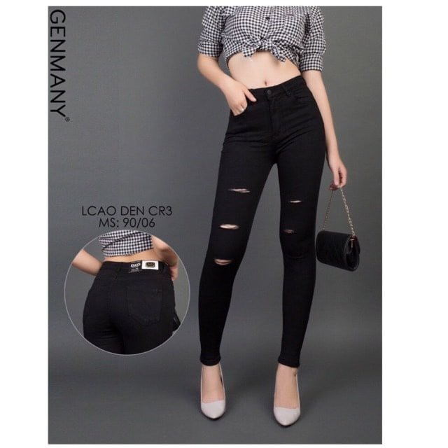 Quần Jean Dài Nữ Rách Nhiều Đường Màu Đen Hàng Co Giãn Lưng Cao