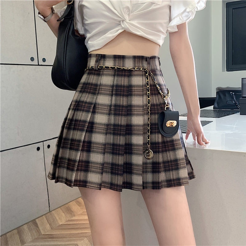 Chân Váy Chữ A Lưng Cao Xếp Ly Họa Tiết Sọc Caro Phong Cách Anh Quốc Thời Trang