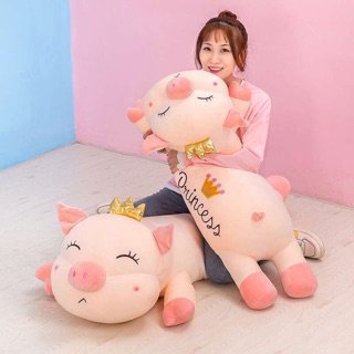 Gấu bông heo vương miện nằm, gối ôm ngủ heo hồng mềm mịn cao cấp size 1m1 1m4