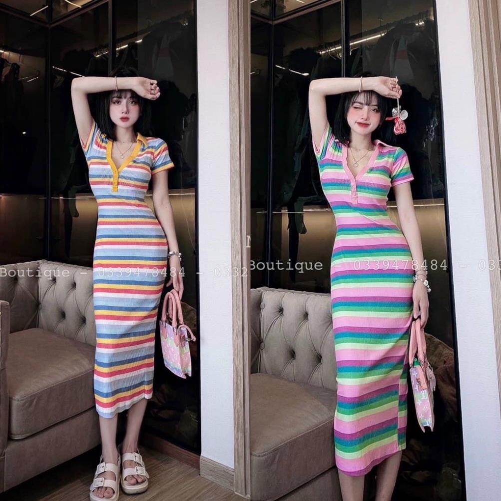 Đầm Váy Nữ Thun Body Sọc Cổ Bẻ Phong Cách Hàng Loại 1