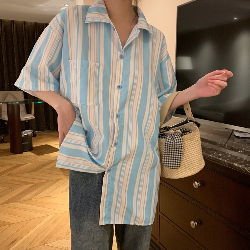 【ZHELIHANGFEI】Áo Sơ Mi Tay Ngắn Họa Tiết Sọc Theo Phong Cách Preppy Dễ Phối Đồ