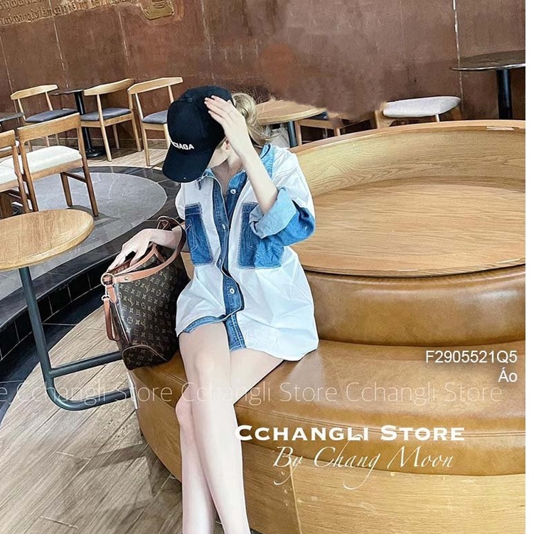Áo sơ mi trắng phối jean đắp túi hộp hai bên form rộng tay dài!