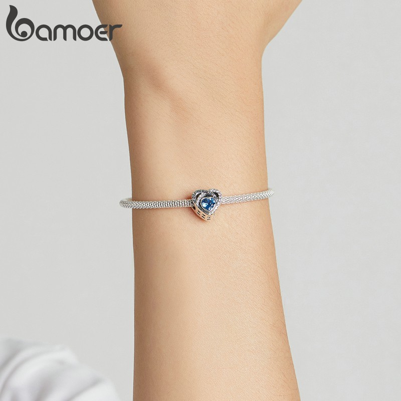 Hạt xỏ trang trí Bamoer Bsc535 bằng bạc 925 hình trái tim đính đá pha lê màu xanh dương dùng làm vòng đeo tay DIY