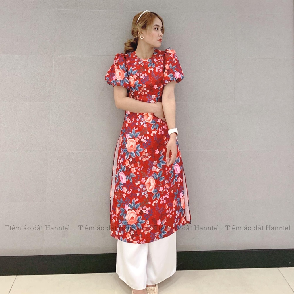 Áo dài cách tân nữ, họa tiết gấm hoa nổi - hoa nhí, cổ tròn tay bồng, áo dài cách tân màu đỏ - H1