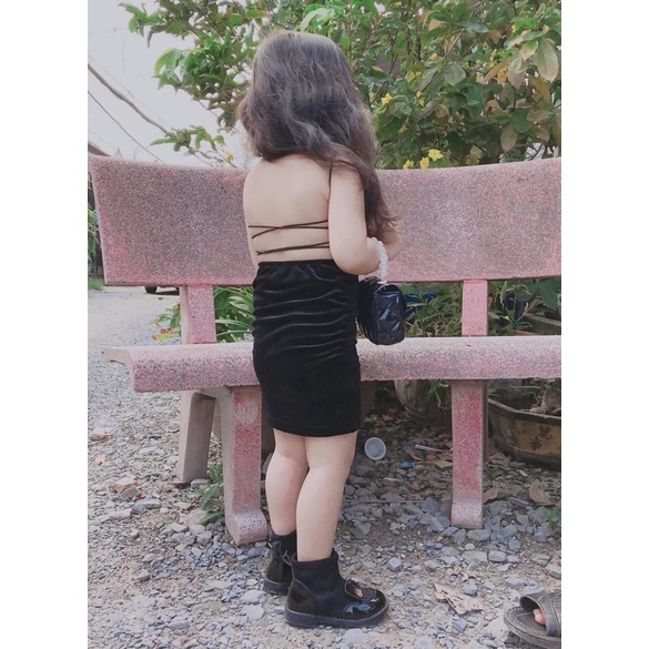 Đầm Body Nhung Dây Rút Hở Lưng Dây Chéo Cho Bé Gái Sành Điệu
