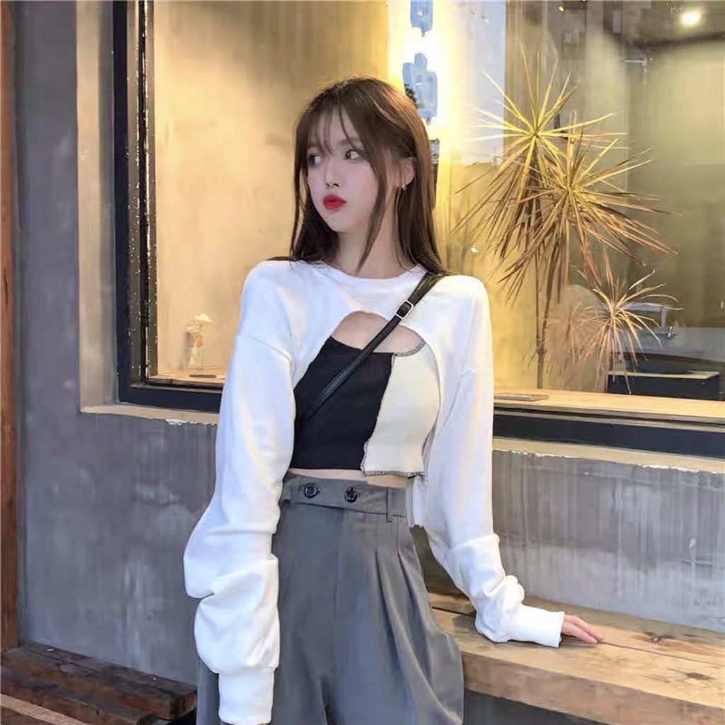 Set Áo Thun 2 Món Croptop Dài Tay Viền Chỉ Nổi Cut out + Áo Ba Lỗ Mix Màu Trắng Đen Mặc 2 Kiểu