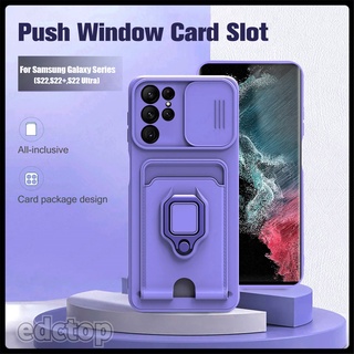 Samsun S22Ultra Case Push Pulll Camera Lens Case For Samsung Galaxy S22 Ultra S22+ 5G Card Slot Magnet Ring Stand Cover