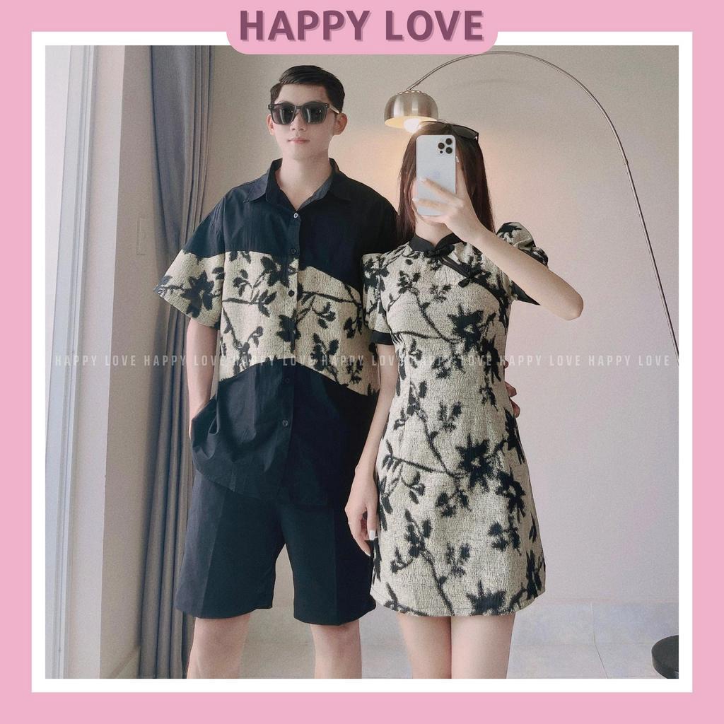 Đồ đôi nam nữ couple set sườn xám nữ sơ mi nam vải gấm hoa cao cấp Quảng Châu HAPPYLOVE H92