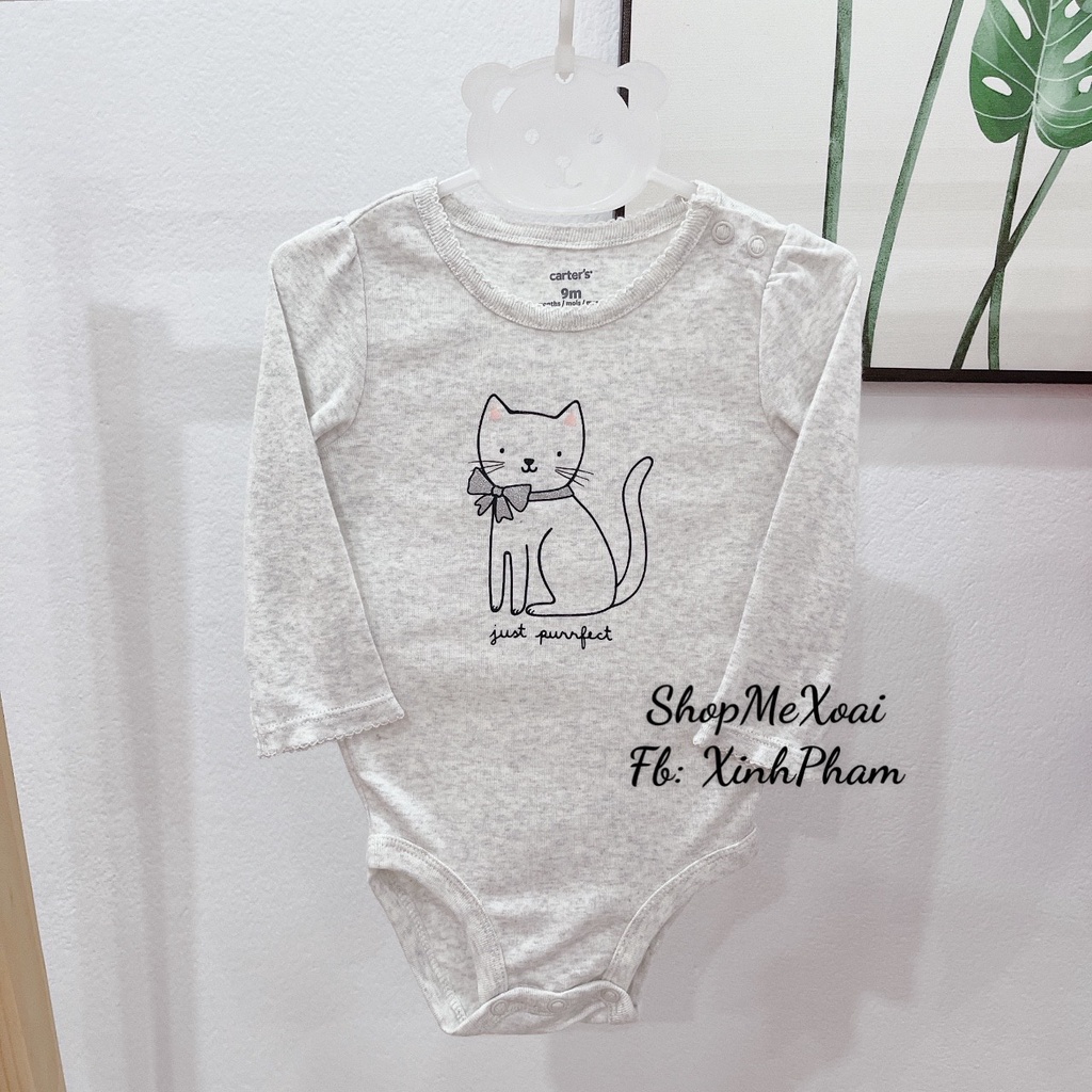 Body chip Carter dài tay cho bé gái, body cotton xuất xịn họa tiết mèo dễ thương