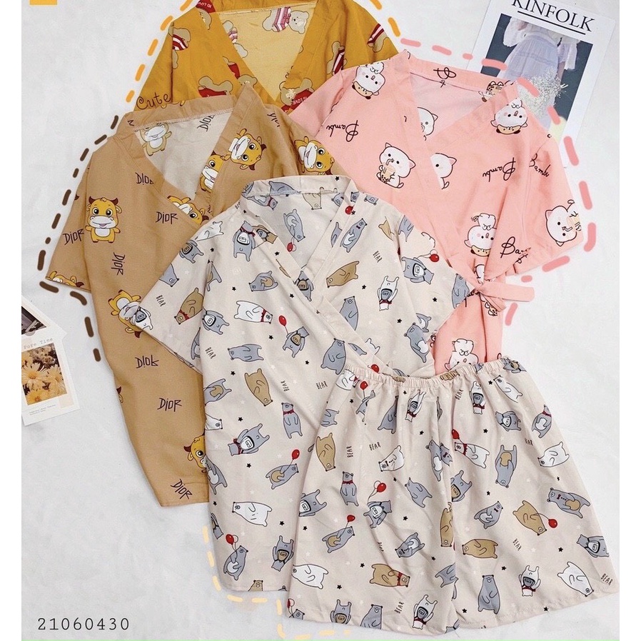 Bộ Đồ Ngủ Nữ Mặc Nhà Ngắn Tay Pijama Kimono Cộc Tay Vạt Chéo Họa Tiết Dễ Thương