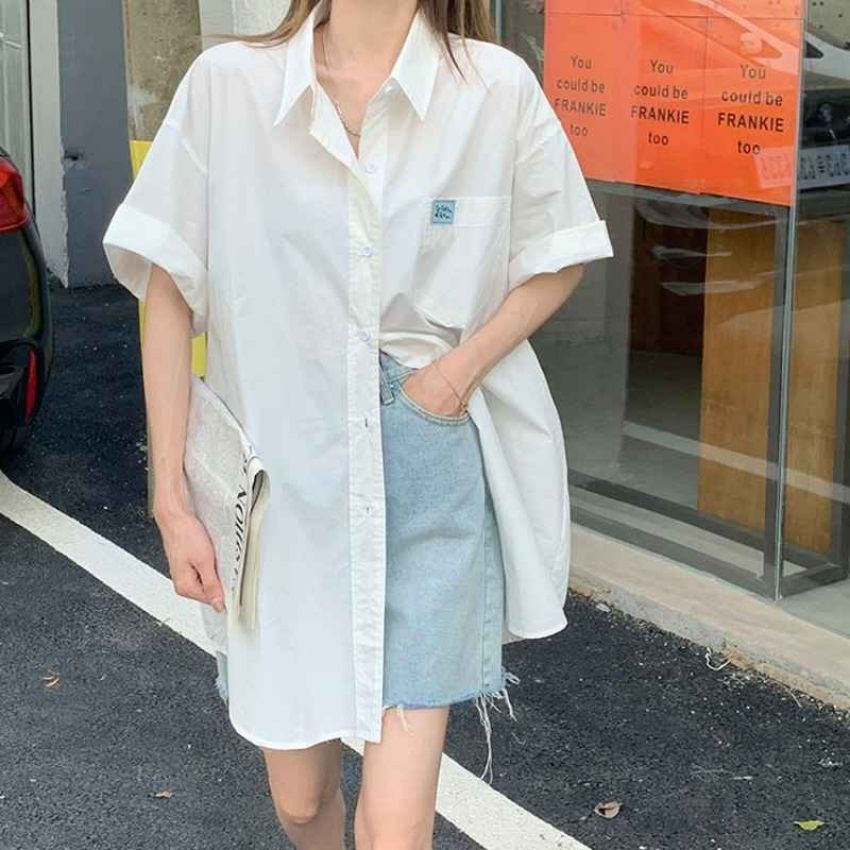 Áo sơ mi tay ngắn nữ thêu mạc, áo form rộng đi học ulzzang Fmstyle Saigon 21SU08N161301