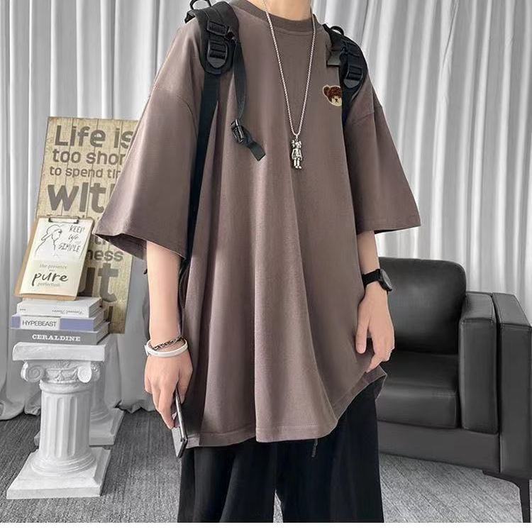 Áo Thun Tay Ngắn Dáng Rộng Có Khóa Kéo Thêu Hình Gấu Dễ Phối Đồ Thời Trang Mùa Hè Cho Nam