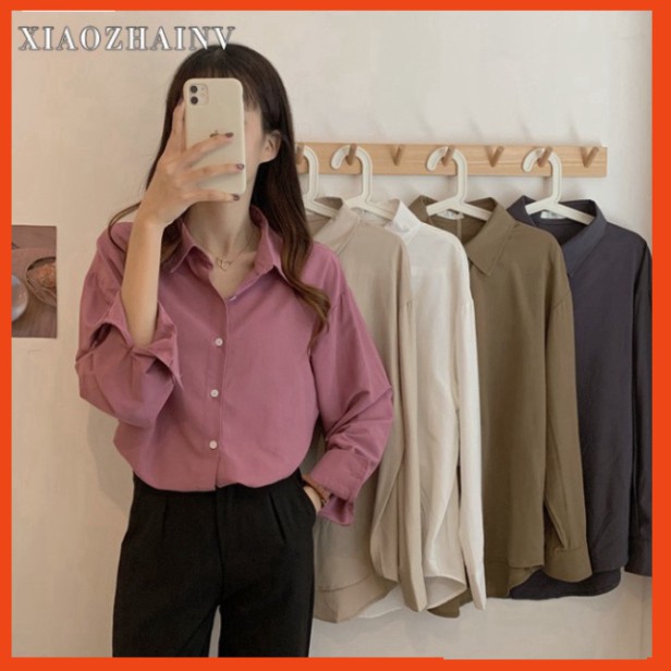 yannan Áo sơ mi dáng rộng dài tay màu trơn dễ phối đồ phong cách Hàn Quốc dành cho nữ loại 1 loại 1