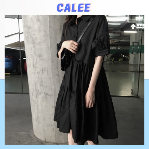 Váy babydoll dáng chữ A, màu đen, cổ vest Calee