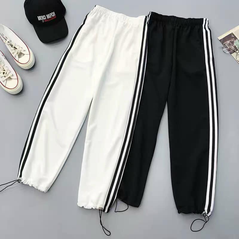 Quần Jogger thun Nam Nữ Unisex ống suông 💥 quần dài ống rộng phối 3 sọc trắng, đen có dây rút mềm mịn, không nhăn💥