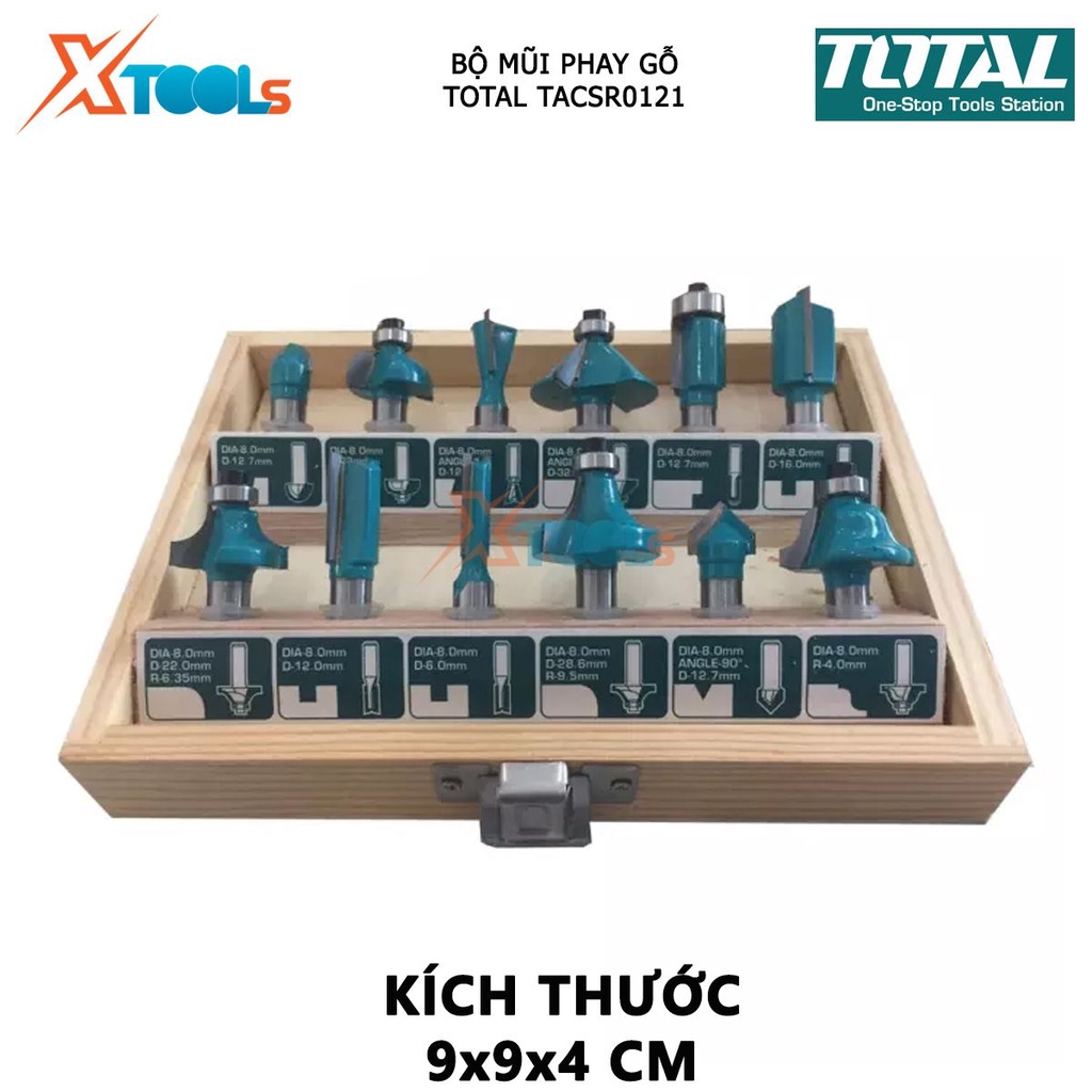 Bộ mũi phay gỗ TOTAL bộ mũi phay soi gỗ Đường kính mũi từ  6mm- 12mm, trọng lượng 1kg, tạo rãnh và bậc, bề mặt định hình