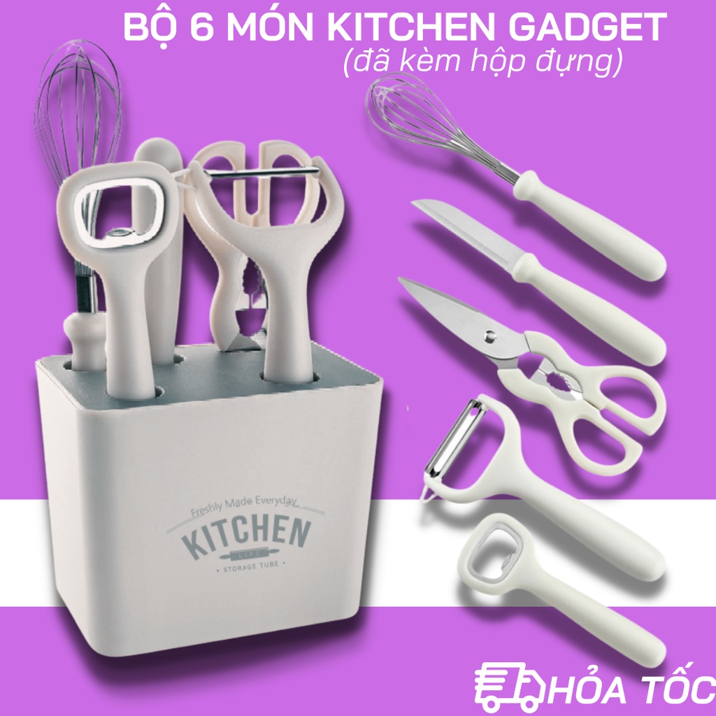Bộ 6 Món Nấu Ăn Nhà Bếp Kitchen Gadget Bản Màu Trắng, Gồm Dao, Kéo, Nạo, Đánh Trứng, Mở Bia Và Kệ Chứa Tiện Dụng