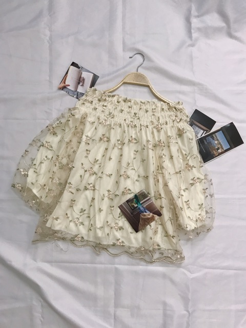 SẴN HỒNG | Áo trễ vai lưới thêu hoa ulzzang T3635