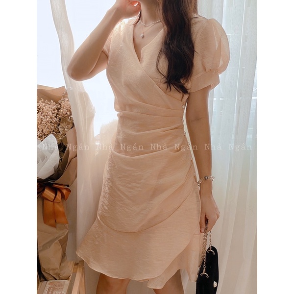 Đầm voan đính ngọc một bên cổ đắp đuôi bèo trắng/đen/xanh/nude