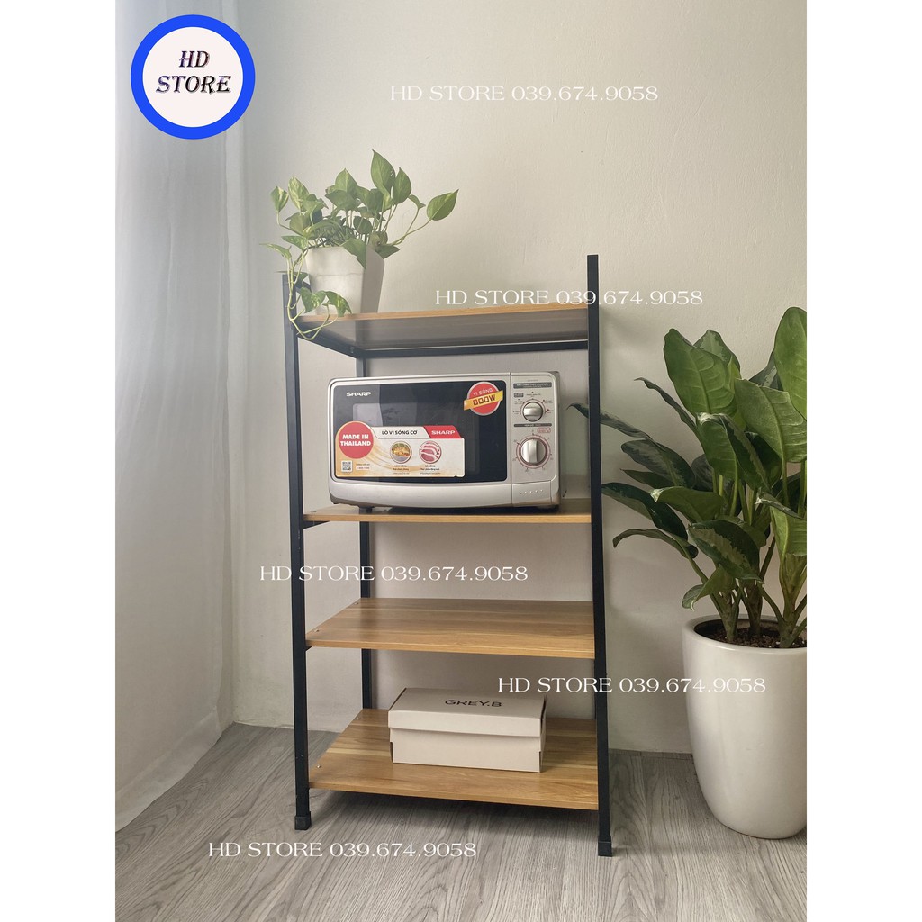 Trợ Giá Shopee Kệ Để Lò Vi Sóng Chắc Chắn, Siêu Đẹp. Khung Đen- Sàn Gỗ