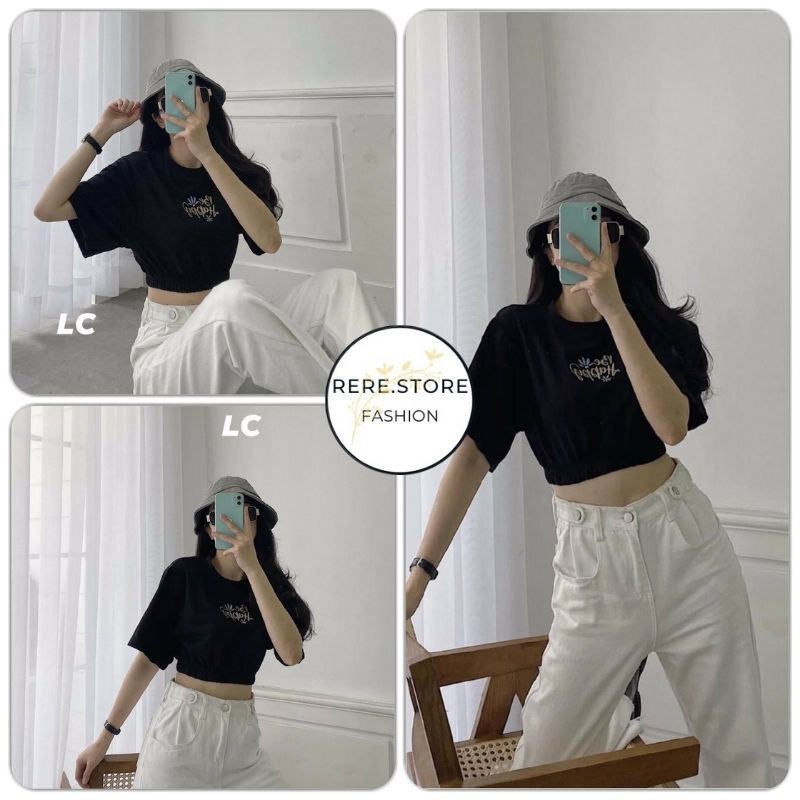 Áo Croptop Cộc Tay Chun Eo BE HAPPY Nữ - Rere.Store [FREESHIP] - Thun hở bụng dáng ôm màu đen basic họa tiết dễ thương