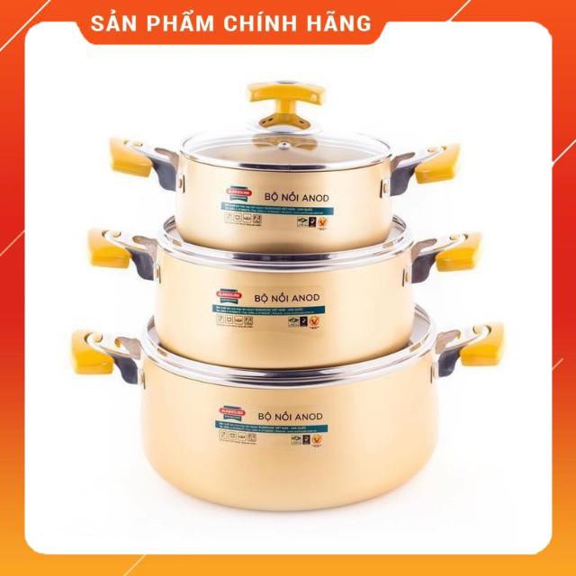 [Chất Liệu Nhôm Cao Cấp] Bộ Nồi anod Sunhouse 3 đáy SH6634 - Vung Kính Cường Lực Siêu Bền, Giữ Nhiệt Tốt,Tỏa Nhiệt Đều