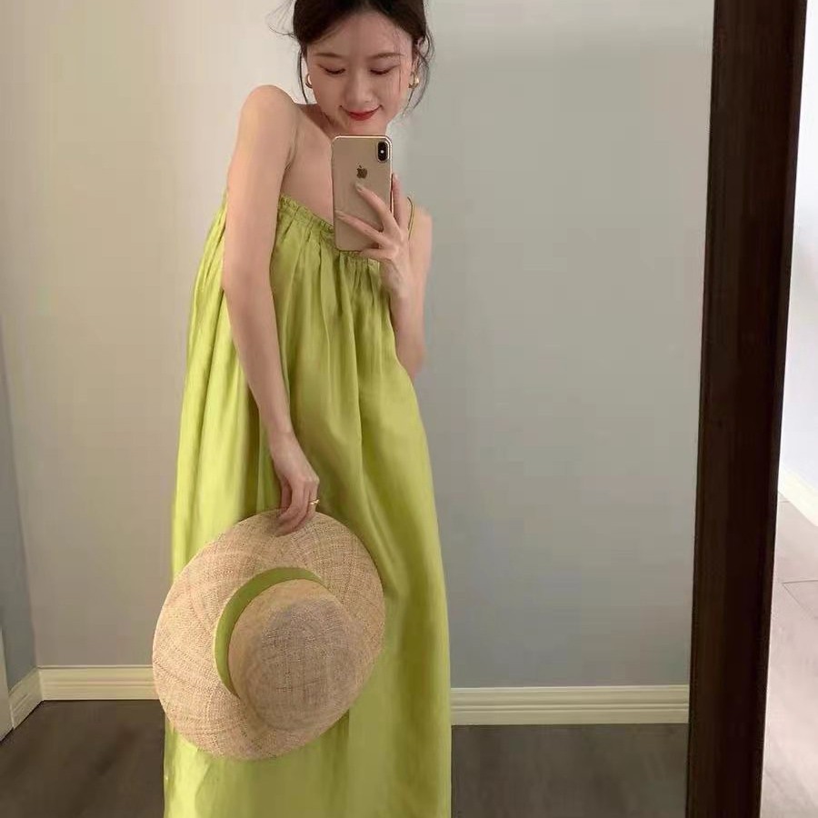 sẵn Jane Đầm suông hai dây đi biển Korea 2021 Xanh lá Pastel thời thượng C144