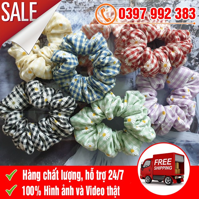 Dây Buộc Tóc Caro Hoa Cúc - Cột Tóc Scrunchies Vải Nữ Tính Hàn Quốc