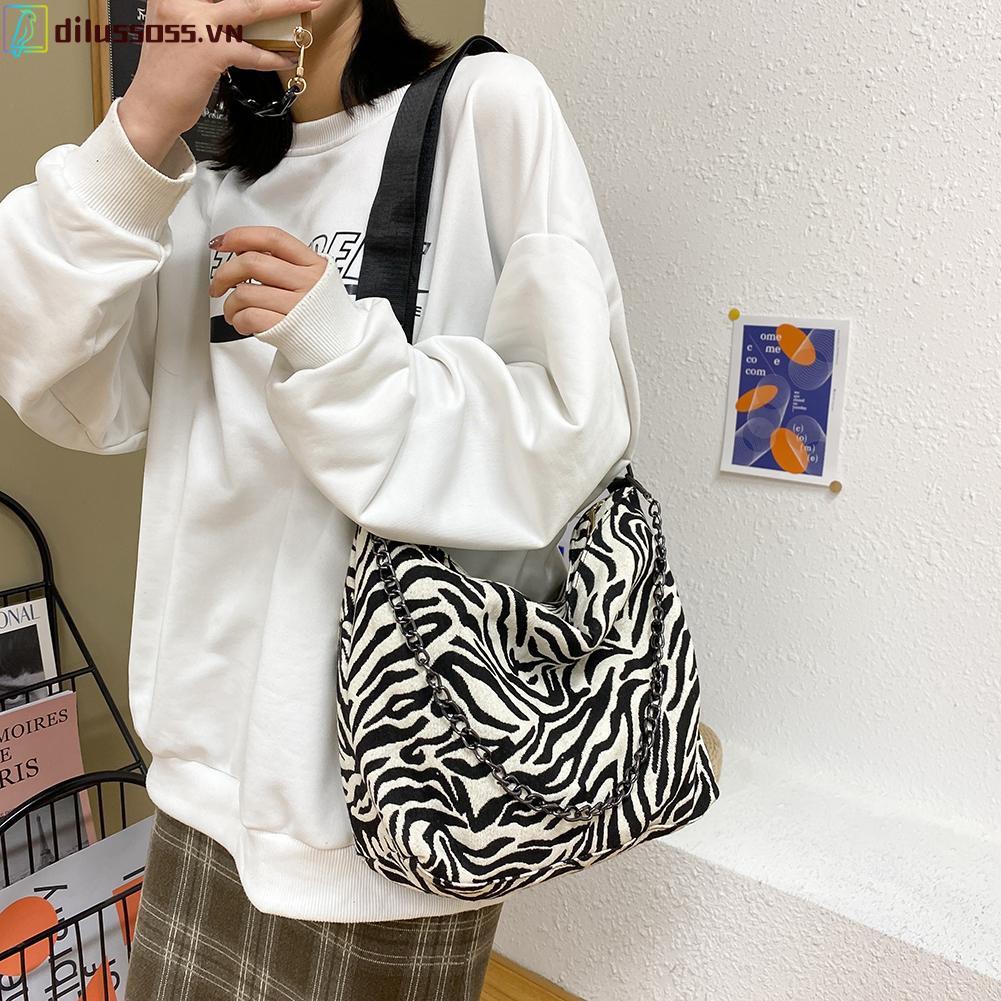 túi đeo chéo Retro Zebra Shoulder Handbag Women Canvas Big Capacity Crossbody Chain Bag