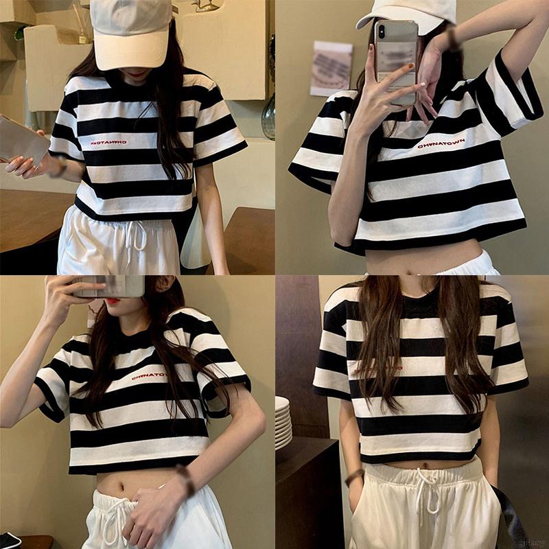 Áo Thun Tay Ngắn Dáng Rộng Kẻ Sọc Ngang Trẻ Trung Phong Cách Hàn Quốc Cho Nữ